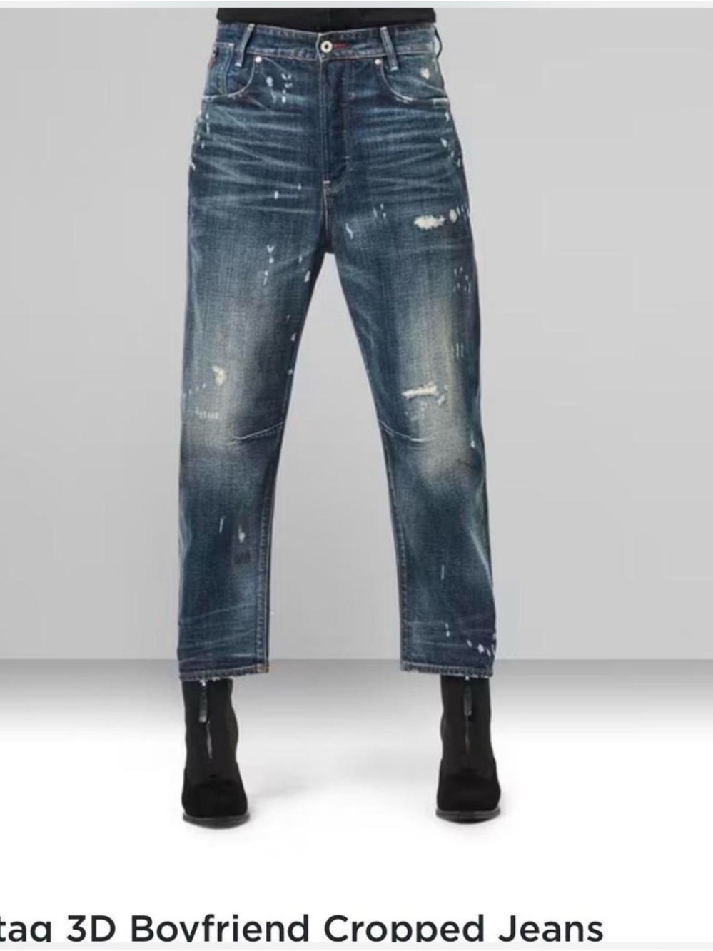 G-Star Distressed Cropped Jeans in Dark Blue Wash